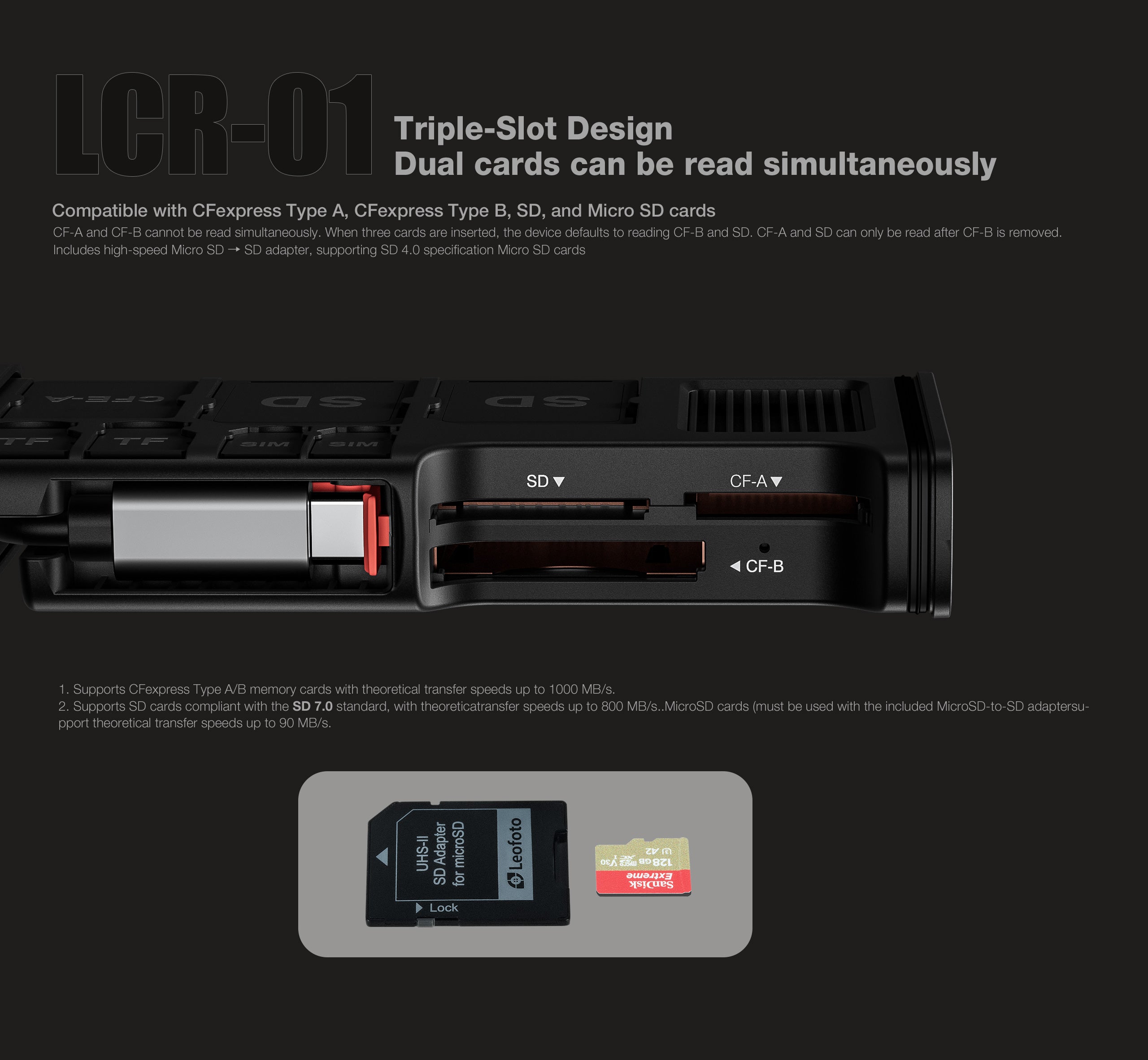 Четец Leofoto LCR-01 0 CFexpress A и B, SD - USB 3.2 GEN2 - IP54 - Черно