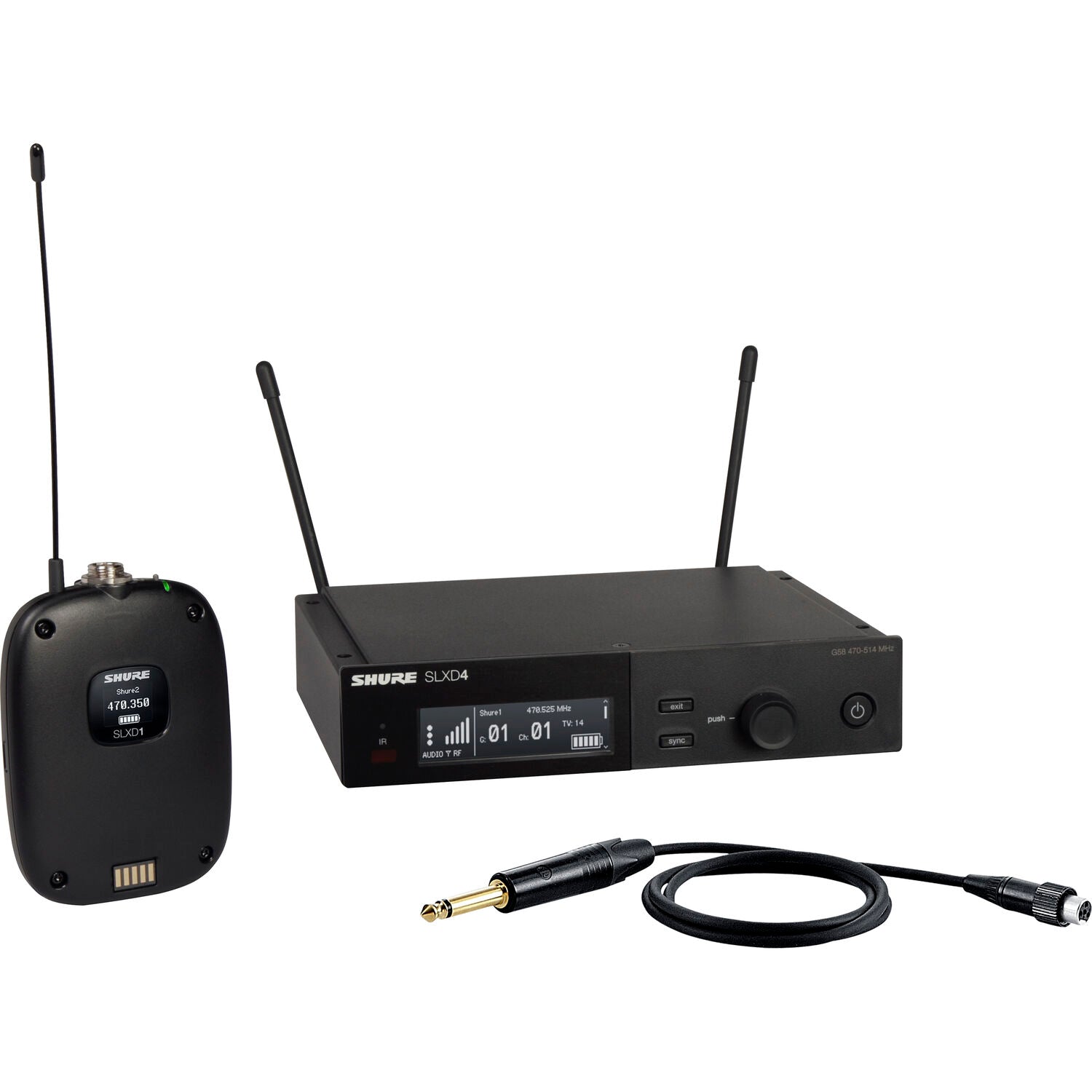 Shure SLXD14 G59 (470-514 MHz) - wireless instrumental kit with bodipack transmitter, receiver and WA305 instrumental cable