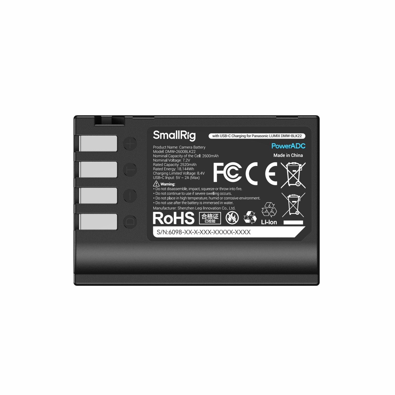 SmallRig Батерия с USB-C Зареждане за Panasonic LUMIX DMW-BLK22 6098