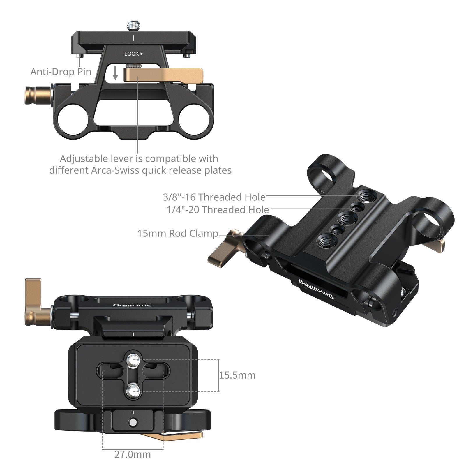 SmallRig Arca тип база с двойна клампа за 15mm тръби 6761
