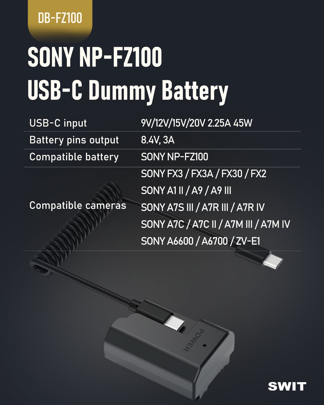 SWIT Дъми батерия FZ100 с USB-C захранване - за Sony