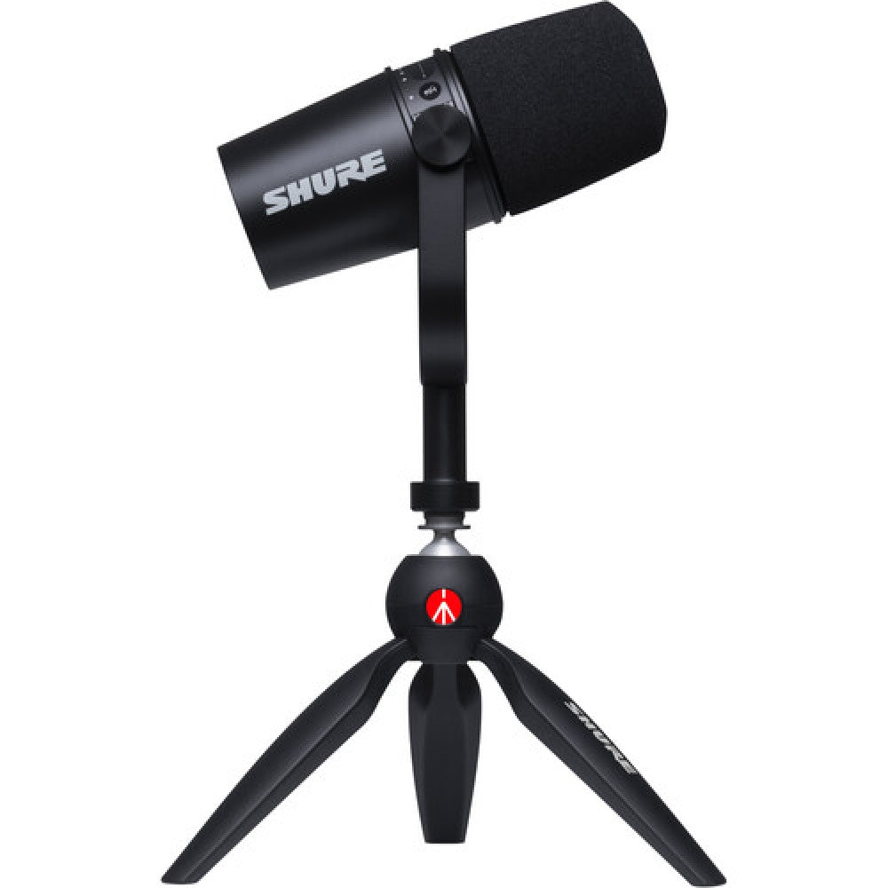 Shure MV7 Podcast dynamic mic with a stand