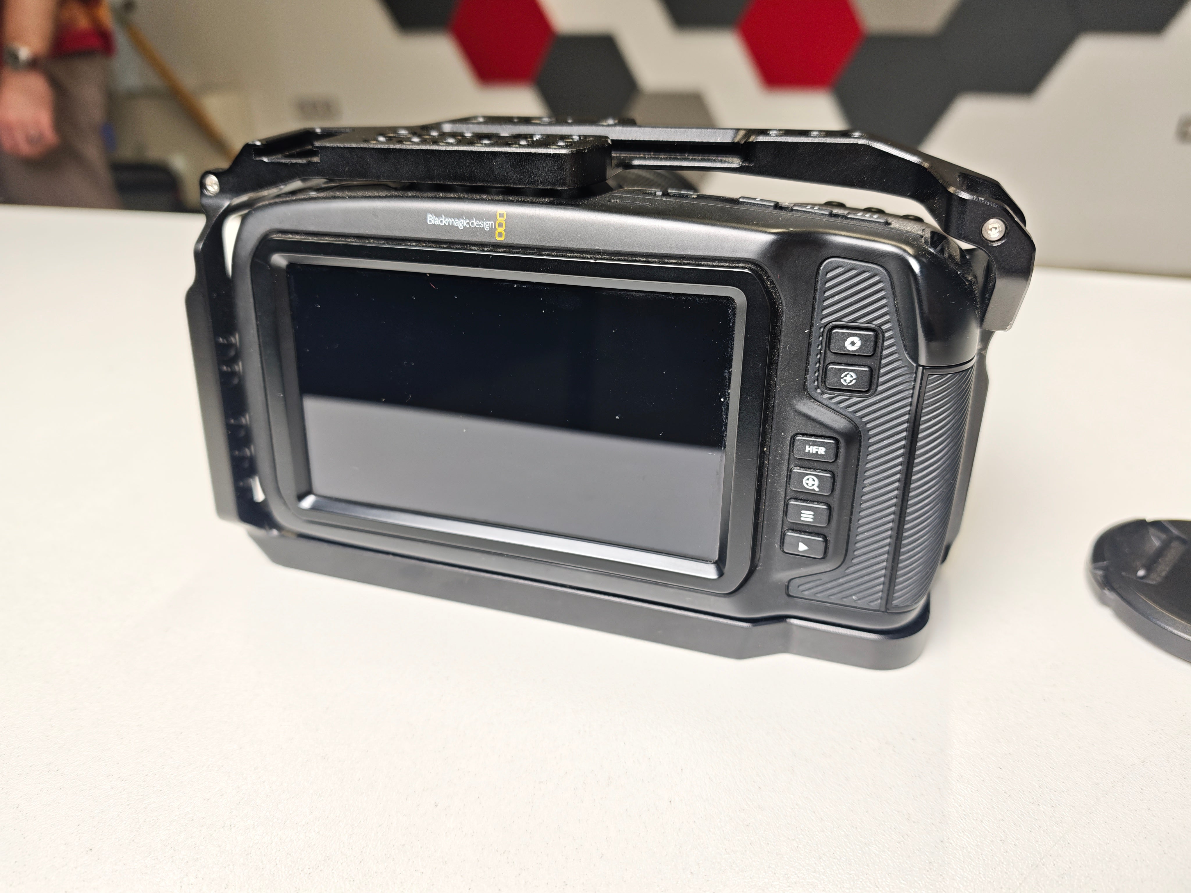 Second hand Blackmagic Pocket Cinema Camera 4K + Lumix G Vario Lens, 12-60mm f3.5-5.6 ASPH. MFT POWER O.I.S. + cage