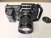 Second hand Blackmagic Pocket Cinema Camera 4K + Lumix G Vario Lens, 12-60mm f3.5-5.6 ASPH. MFT POWER O.I.S. + cage