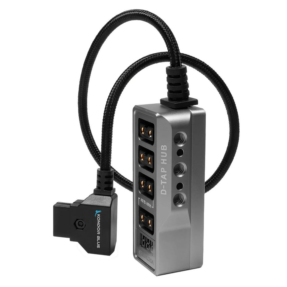 Kondor Blue 12V Metal D-Tap Hub Voltmeter 4-Way Port Power Tap Splitter (1/4in-20 Threads) (grey)