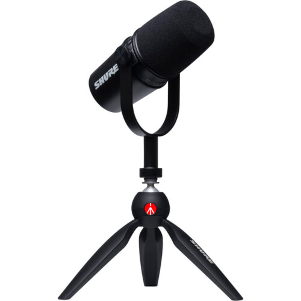 Shure MV7 Podcast dynamic mic with a stand