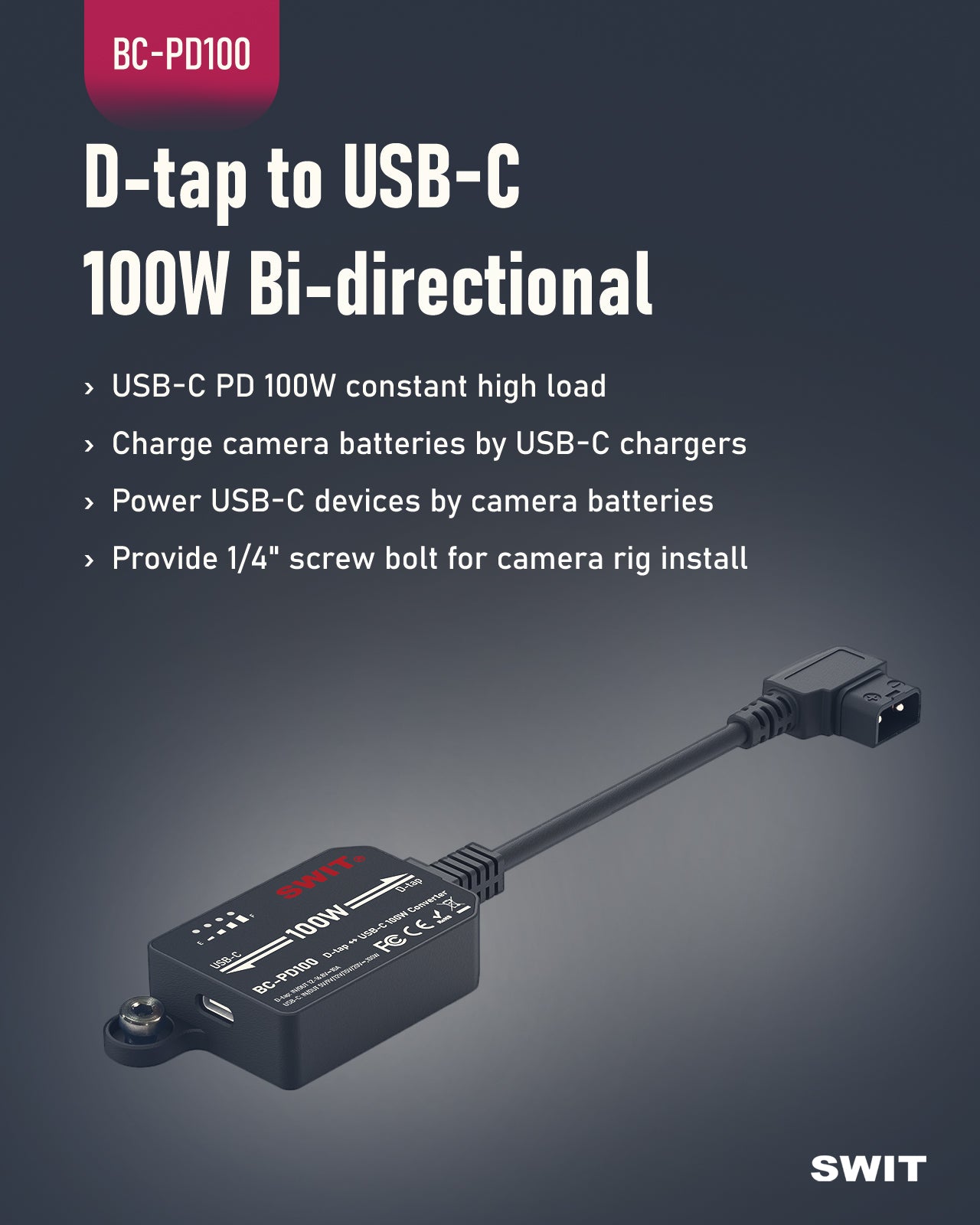 SWIT BC-PD100 Bi-directional D-tap to USB-C Converter