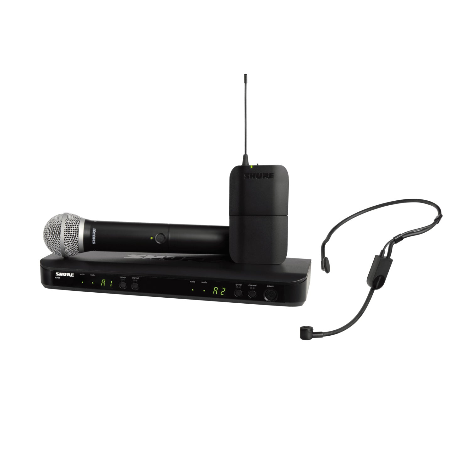 Безжична с-ма Shure BLX1288E/PGA31+PG58-K14(614-638 MHz) - Двуканален приемник, ръчен микрофон и хедсет микрофон