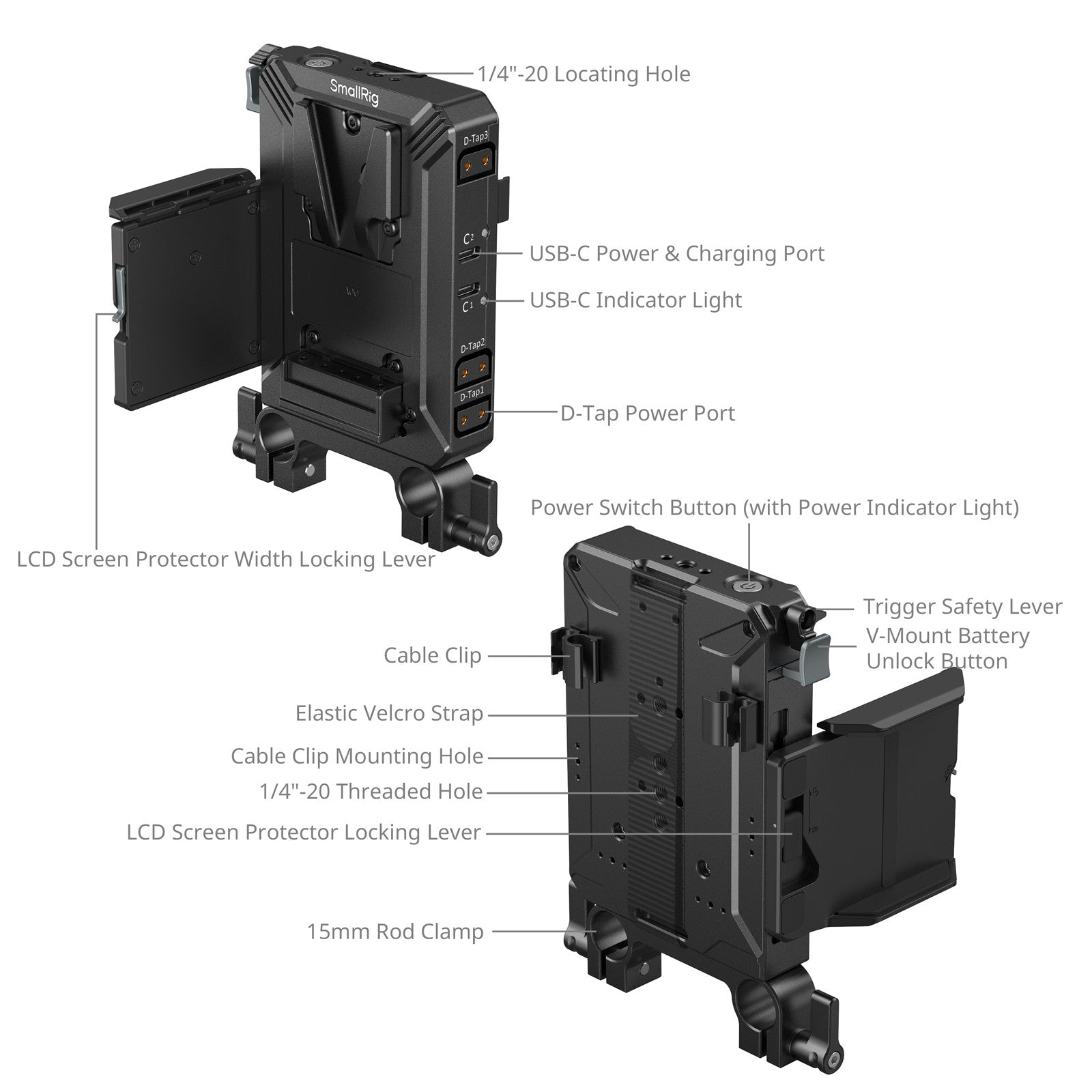 Адаптерна плоча за V-lock батерия SmallRig с двойна 15 мм скоба за тръби 5226