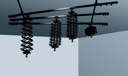 Rail system, 3 cross, 2 longitudinal, 4 pantographs