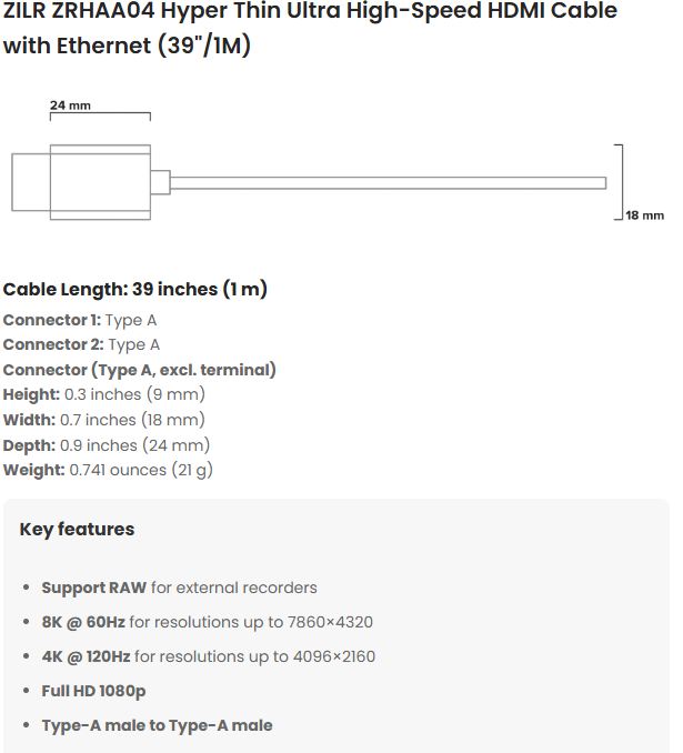 HDMI кабел ZILR 8K Hyper Thin Ultra High-Speed Ethernet Full към Full (A) - 1 метър