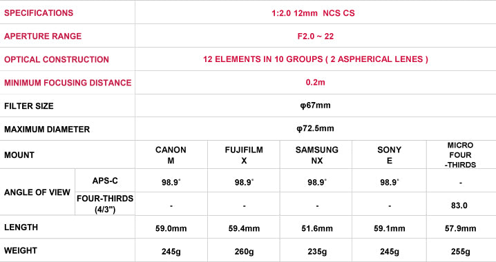 Samyang 12mm f2.0 NCS CS for Fujifilm X (Black)