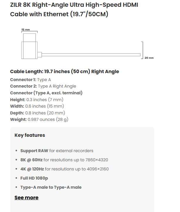 HDMI кабел ZILR 8K Hyper Thin Ultra High-Speed Ethernet Full  (A)към Full (A) ъглов - 50см
