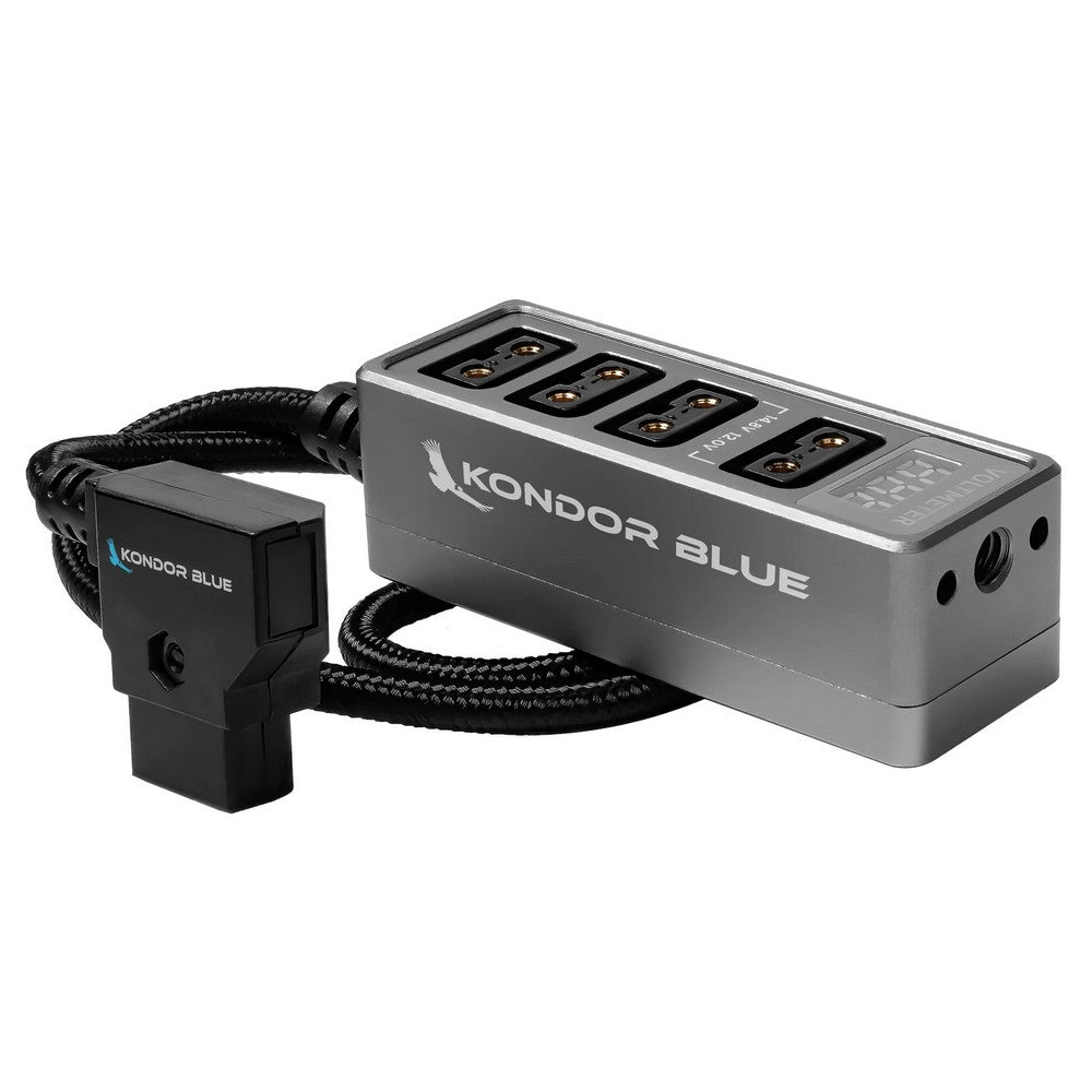 Kondor Blue 12V Metal D-Tap Hub Voltmeter 4-Way Port Power Tap Splitter (1/4in-20 Threads) (grey)