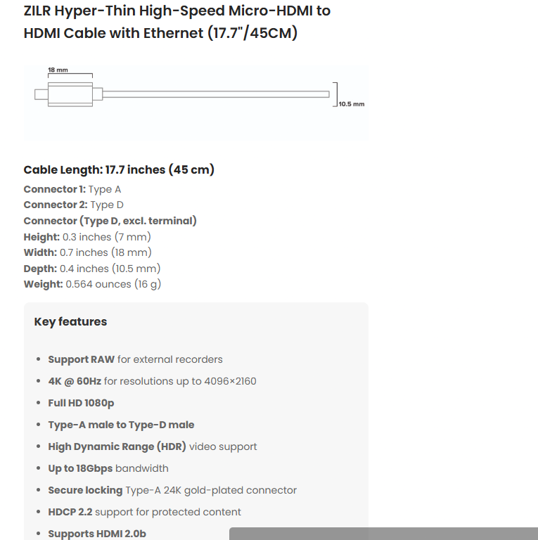 HDMI кабел ZILR 4K 60p Hyper-Thin High-Speed Micro-HDMI към Full HDMI Cable with Ethernet - 45cm