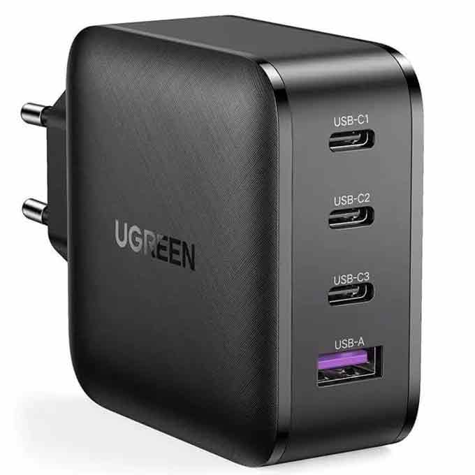 Зарядно устройство Ugreen GaN CD224 (70774), от контакт към 3x USB C(ж) и 1x USB A(ж), 65W, черен