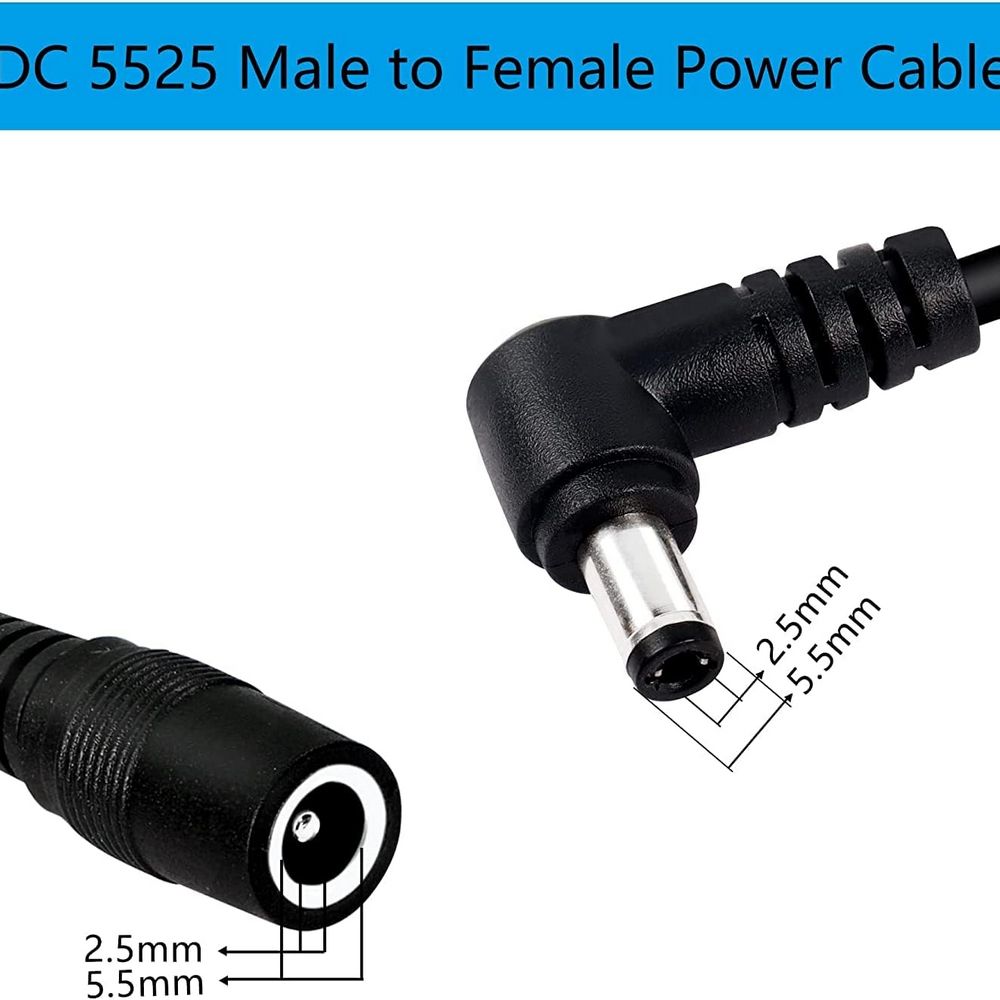 DC 5.5mm x 2.5mm Прав ъгъл, мъжки към женски удължителен кабел (1м)