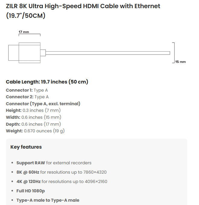 ZILR 8K Hyper Thin Ultra High-Speed HDMI Cable with Ethernet - 50cm