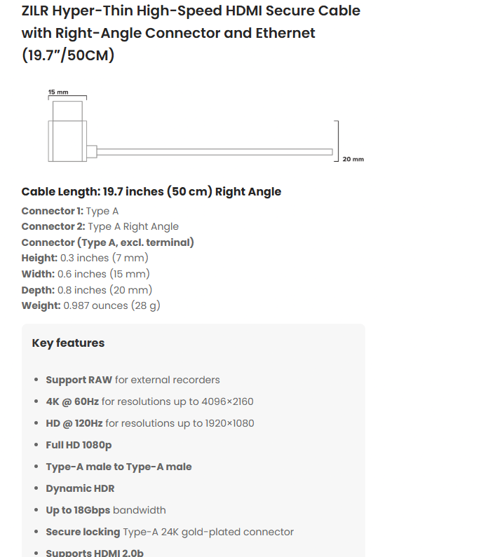 HDMI кабел ZILR 4K 60p Hyper-Thin High-Speed Ethernet Full към Full (A) ъглов - 50см