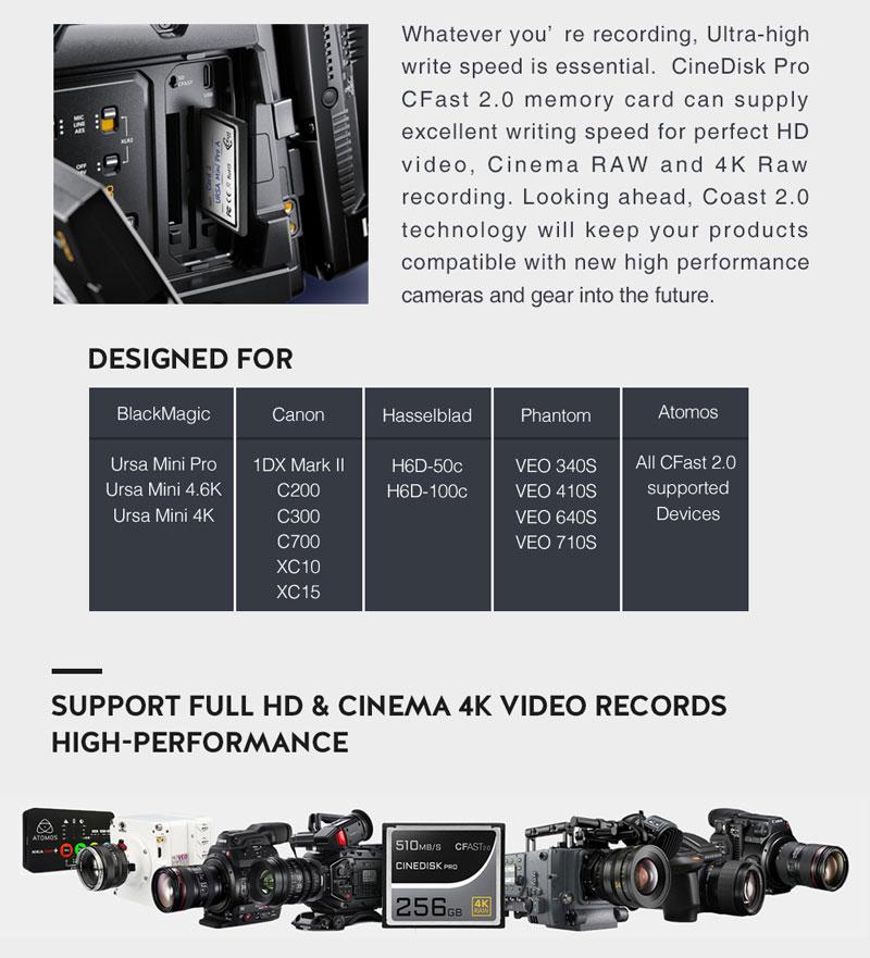 CineDiskPro CFAST 2.0 memory card 4K RAW 256gb