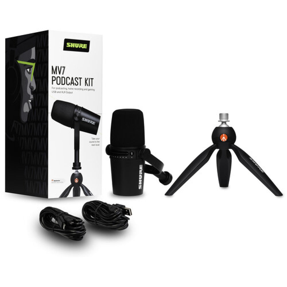 Подкаст микрофон Shure MV7 в комплект със стойка