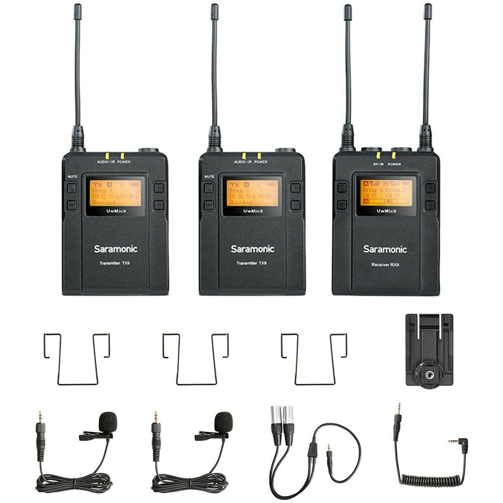 Promo pack with 2 Saramonic UwMic9 lavalier wireless microphones (receiver and 2 transmitters) and HU9 handheld wireless microphone