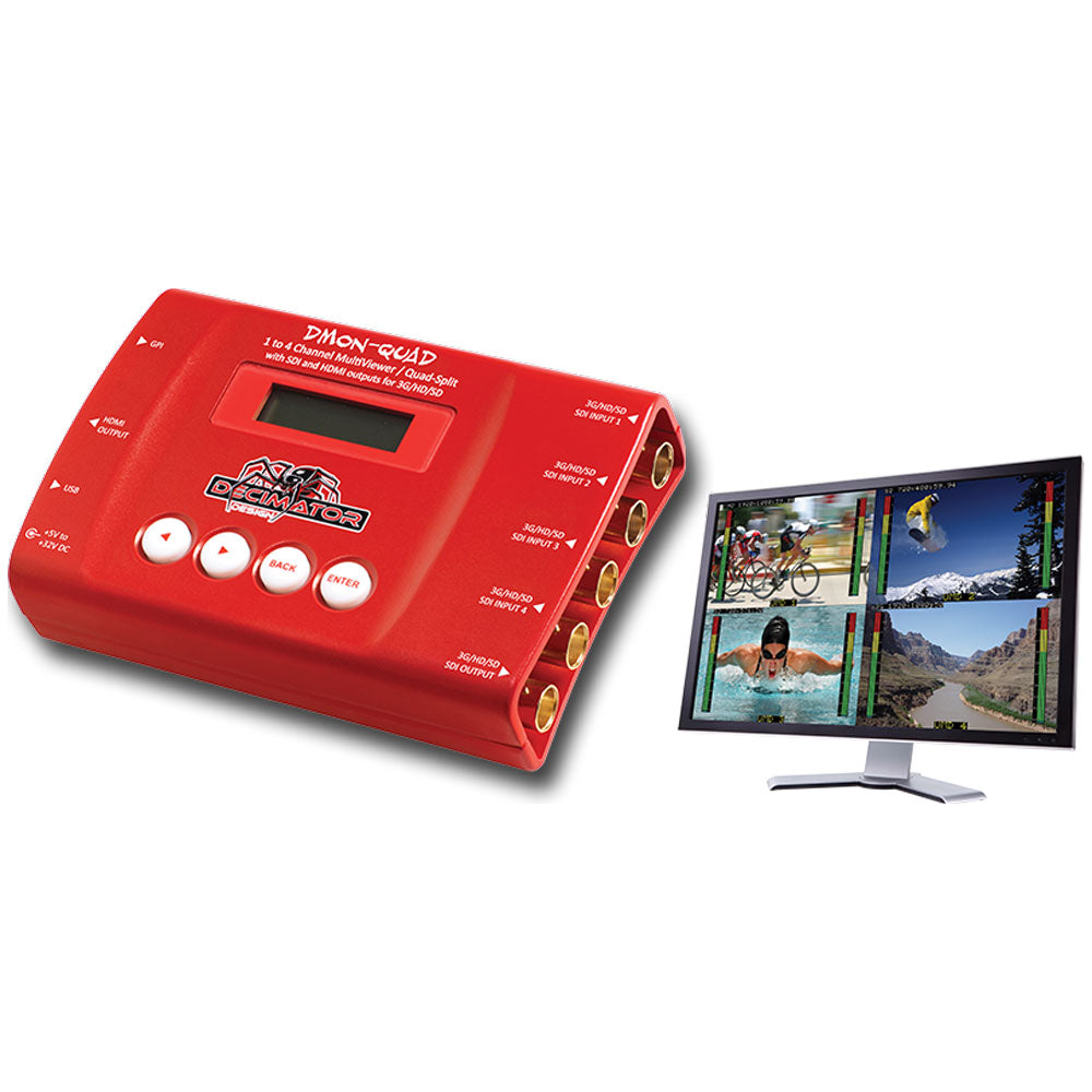 Decimator Design 4 x SDI to HDMI Converters with 1 to 4 MultiViewer, Custom Layouts and 8 Channel Audio Meters