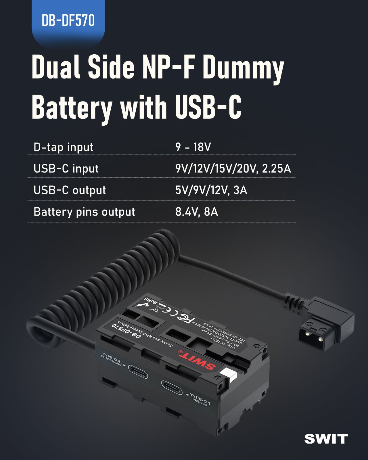 SWIT двустранна Дъми батерия DB-DF570 с USB-C и D-Tap захранване - за Sony NPF