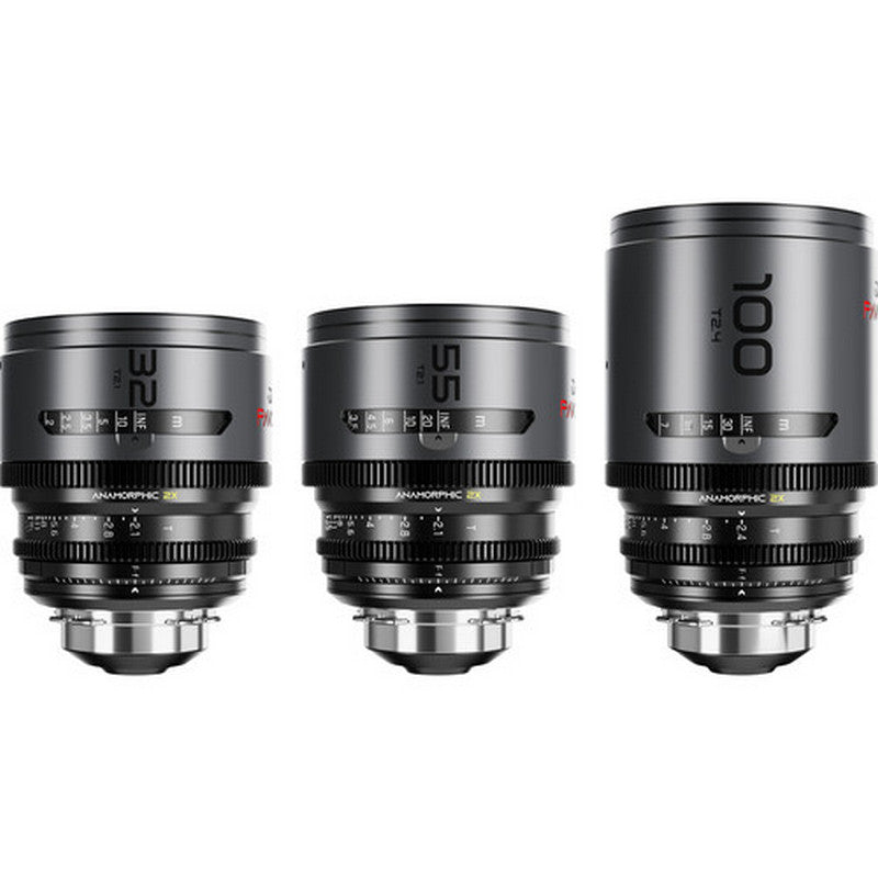 Комплект 3 анаморфни обектива DZOFILM PAVO 2x S35 (32mm, 55mm, 100mm) (T2.1, T2.4) (Неутрален оттенък) (PL/EF, Метрична скала)