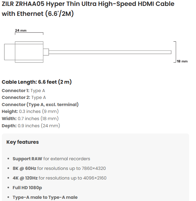 HDMI кабел ZILR 8K Hyper Thin Ultra High-Speed Ethernet Full към Full (A) - 2 метра