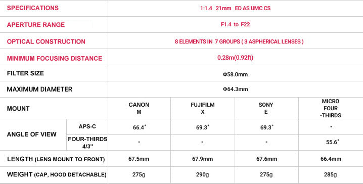 Samyang 21mm f1.4 ED AS UMC CS for Fujifilm X (black)