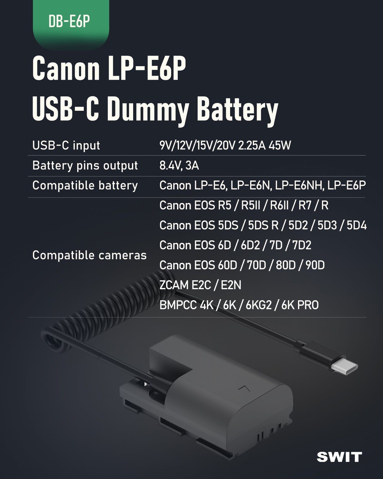SWIT DB-E6P Дъми батерия LP-E6P с USB-C захранване - за Canon