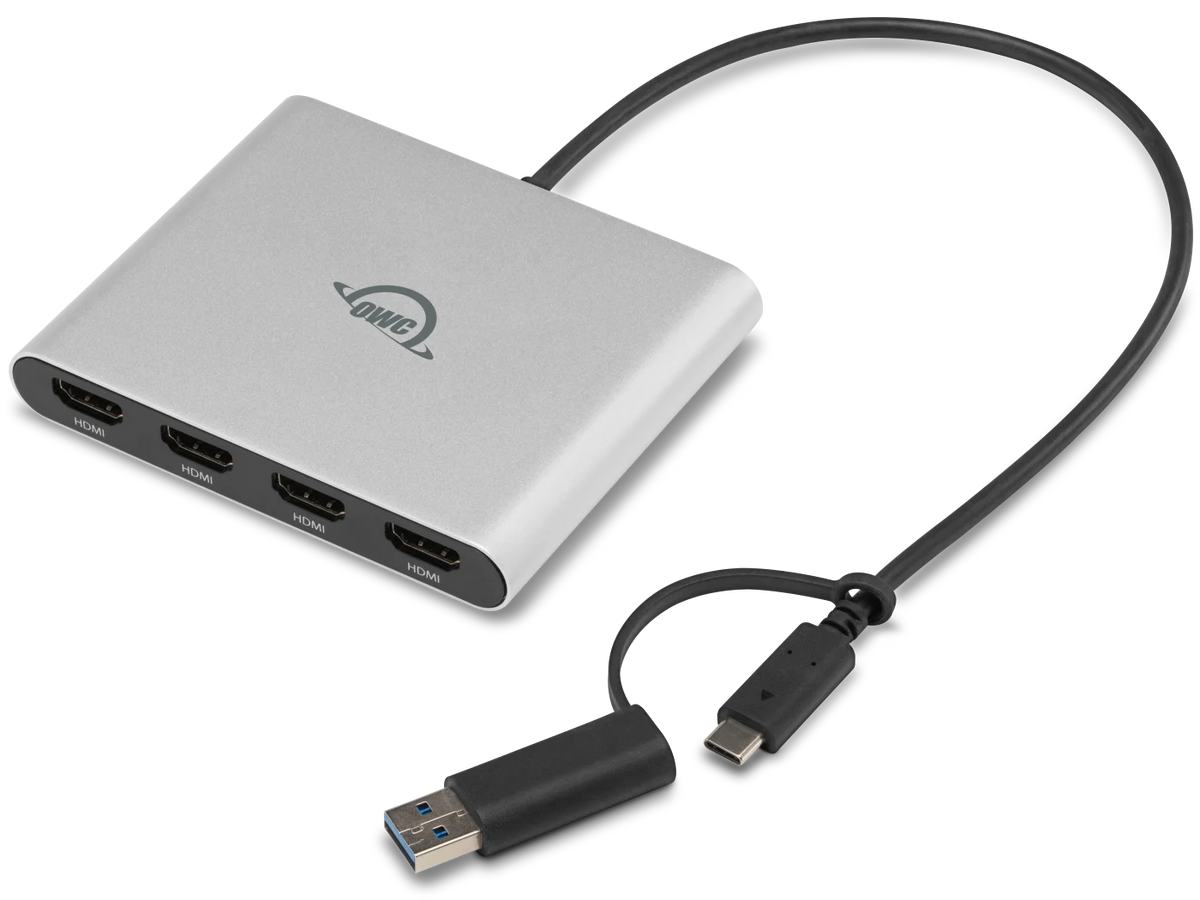 OWC USB-C адаптер към 4× HDMI 4K 60 Hz с DisplayLink