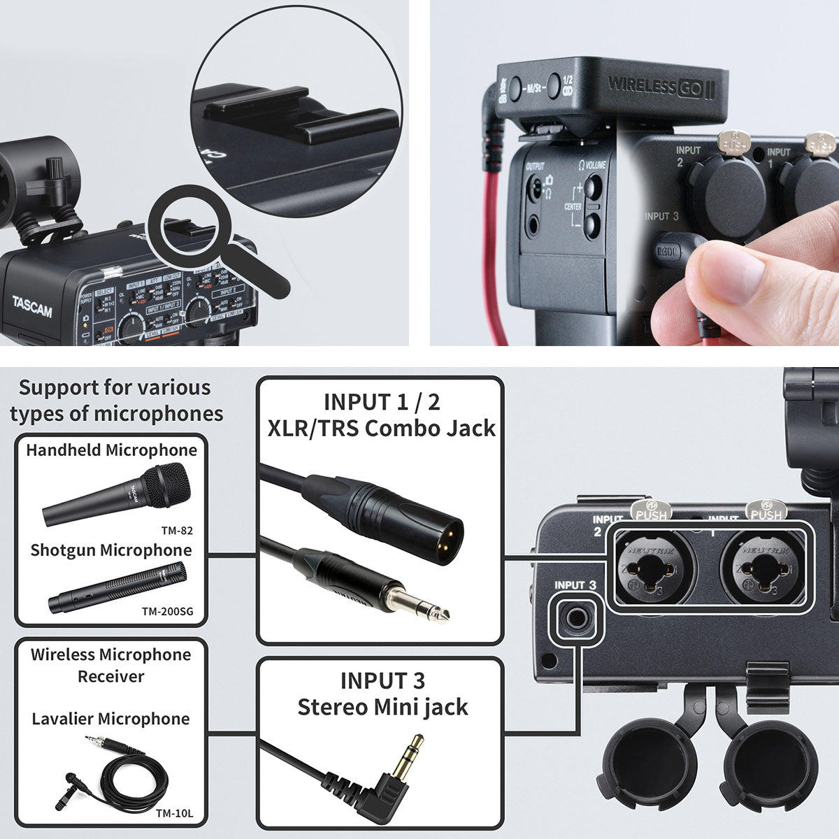 Аудио XLR адаптер Tascam CA-XLR2d-C с краче за фотоапарати и камери Canon
