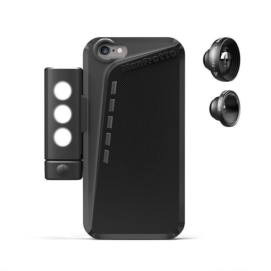 Manfrotto Black Case for iPhone 6 Plus +2 lenses+SMT LED with tripod mount